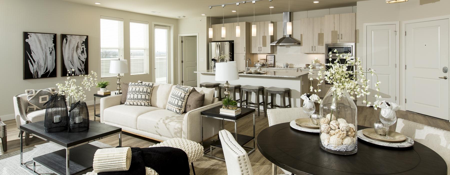 living and kitchen area with bright lighting