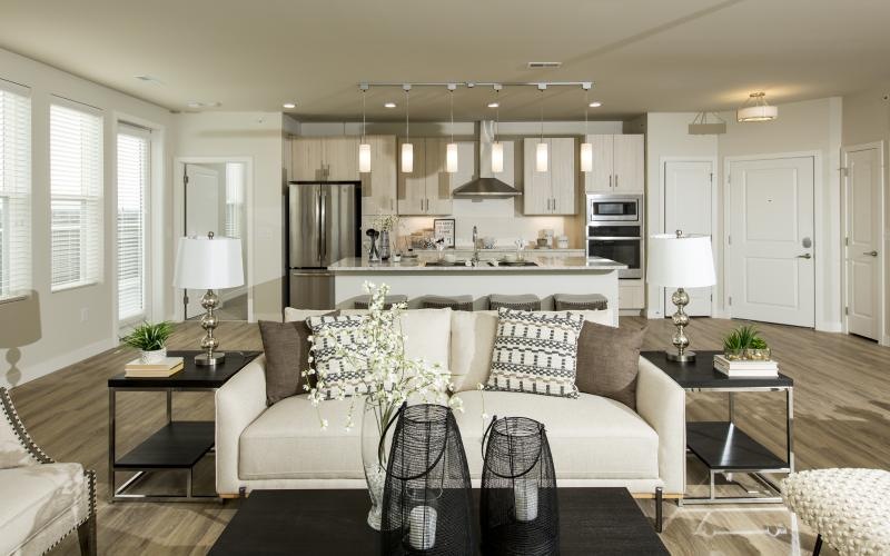 a living room with a large kitchen